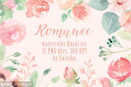 浪漫风格手绘花卉绿叶水彩图案 Romantic Floral Clipart set - 源文件