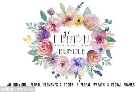 水彩花卉素材集（元素、花环 花框） - 源文件