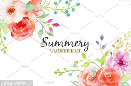 夏日鲜花玫瑰树叶和装饰元素水彩剪贴画 - 源文件