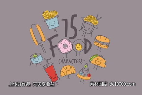 手绘甜点小吃矢量图案 Food Characters-源文件-素材国度dc10000.com