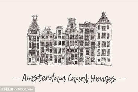 阿姆斯特丹运河住宅楼楼房素描矢量图形 Set of Amsterdam Canal Houses - 源文件