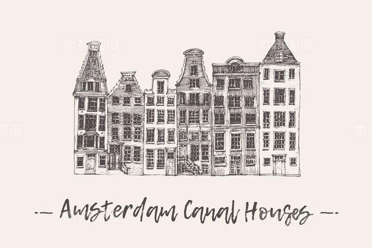 阿姆斯特丹运河住宅楼楼房素描矢量图形 Set of Amsterdam Canal Houses