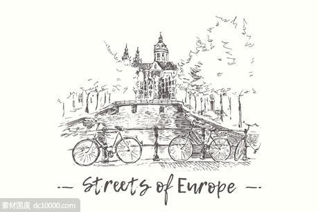 欧洲街景素描剪影 Streets of Europe with canals - 源文件