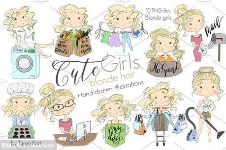 可爱金发女孩剪贴画 Cute Girls Blonde Hair Clipart - 源文件