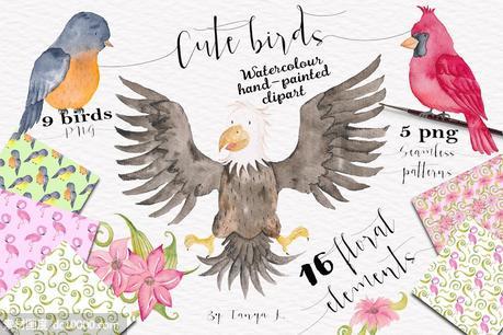 可爱鸟类小鸟水彩剪贴画 Cute Birds Watercolor Set - 源文件
