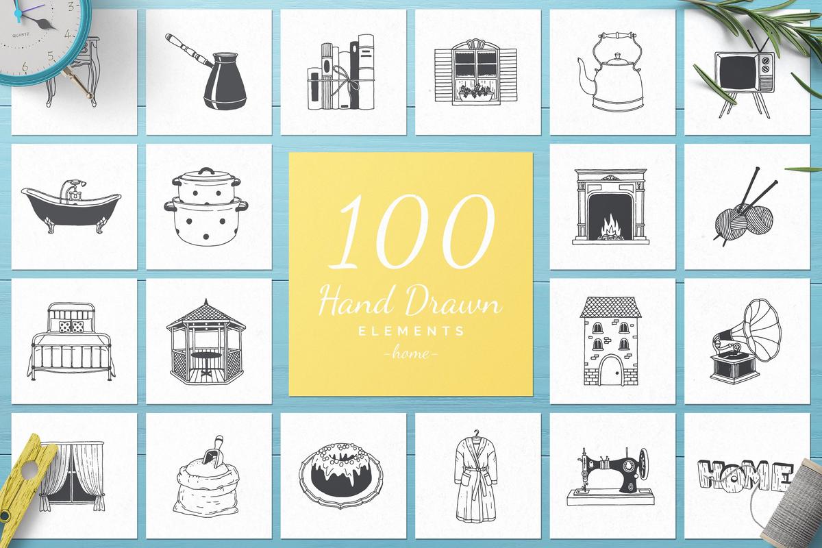 100个手绘家居用品的矢量图形素材下载[psd,ai,eps,png]