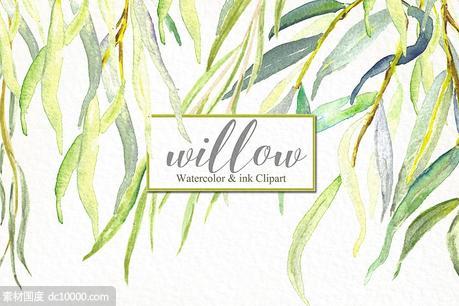 柳枝水彩剪贴画 Willow branches watercolor clipart - 源文件