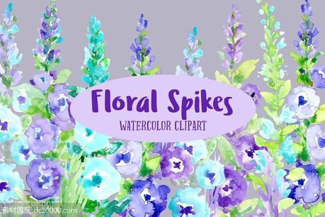 紫色水彩花穗花卉插画 Watercolor Floral Spikes Purple - 源文件