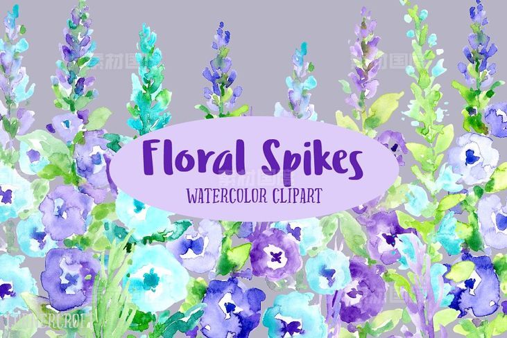 紫色水彩花穗花卉插画 Watercolor Floral Spikes Purple