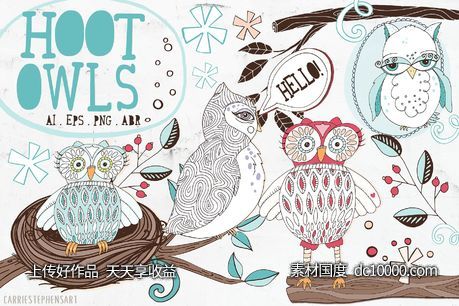 可爱猫头鹰矢量剪切画素材 Cute Owl Graphics Set-源文件-素材国度dc10000.com