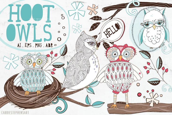 可爱猫头鹰矢量剪切画素材 Cute Owl Graphics Set