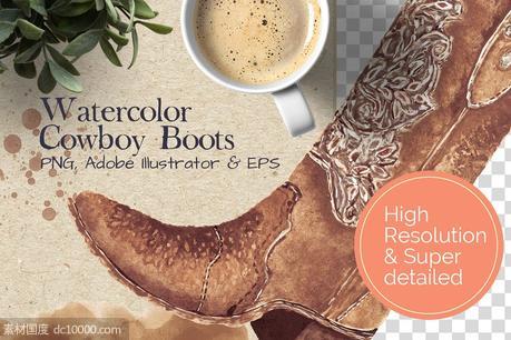 水彩墨水和水粉手绘水彩牛仔靴 Super Detailed Cowboy Boots - 源文件