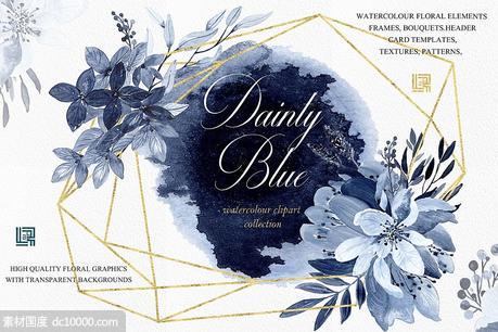 精致的海军蓝手绘花卉 Dainty blue Navy blue flowers - 源文件