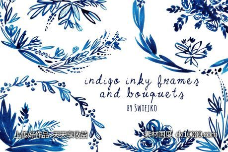 靛蓝手绘花圈素材 Indigo Hand painted Wreaths-源文件-素材国度dc10000.com