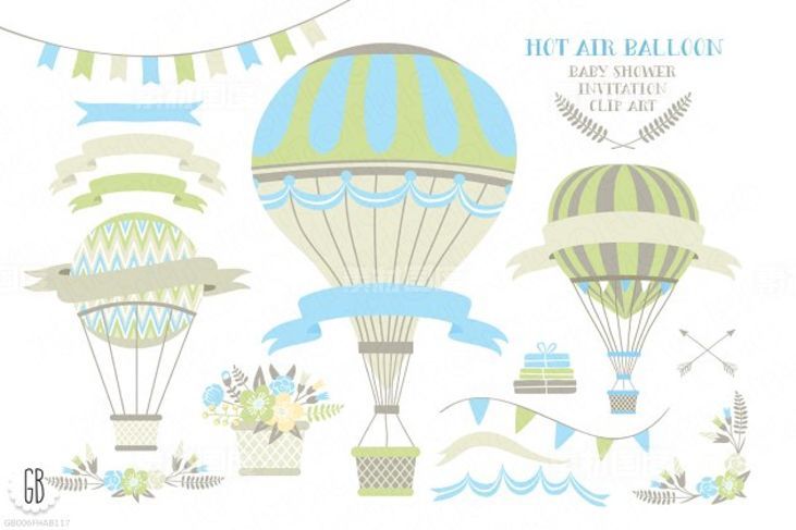 热气球婴儿主题剪贴画素材 Hot air balloon baby shower invite
