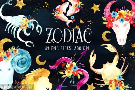 十二星座水彩剪贴画 Zodiac Watercolor - 源文件