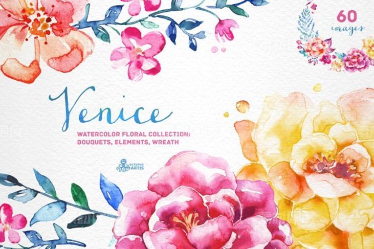 威尼斯水彩花卉设计素材收藏 Venice Watercolor floral collection