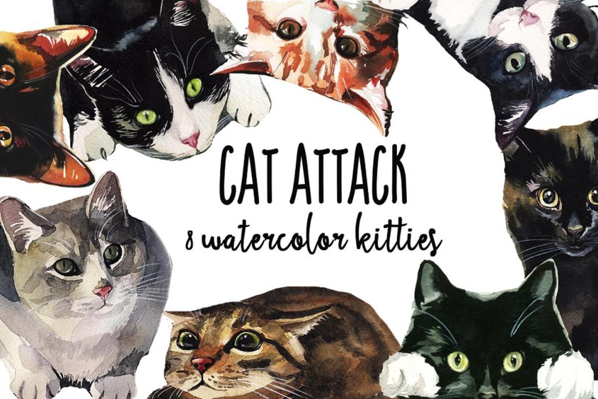 8款愤怒的小猫水彩剪贴画 Cat Attack Watercolor PNG Collection