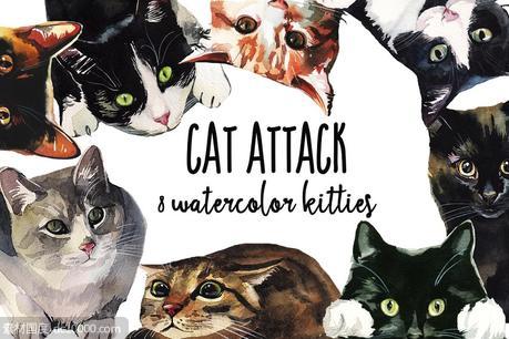 8款愤怒的小猫水彩剪贴画 Cat Attack Watercolor PNG Collection - 源文件
