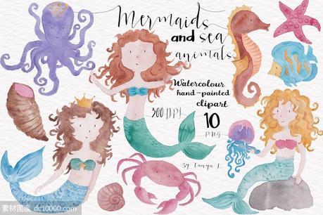 美人鱼水彩手绘剪贴画 Mermaids Watercolor Hand-painted - 源文件