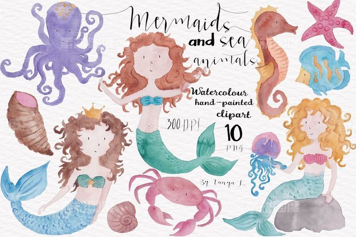 美人鱼水彩手绘剪贴画 Mermaids Watercolor Hand-painted