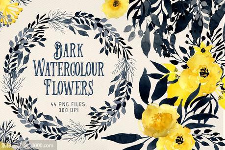 黑色格调水彩花卉图案 Dark Watercolour Flowers - 源文件