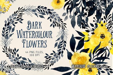 黑色格调水彩花卉图案 Dark Watercolour Flowers-源文件-素材国度dc10000.com