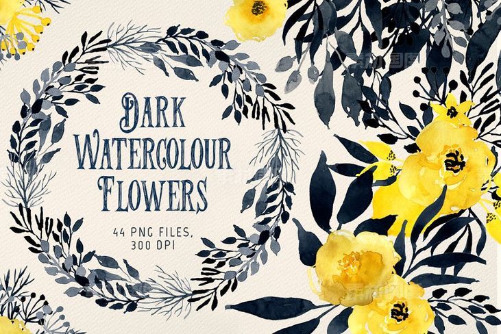 黑色格调水彩花卉图案 Dark Watercolour Flowers