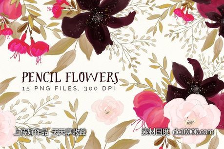 手绘花卉上色铅笔画 Pencil Flowers-源文件-素材国度dc10000.com