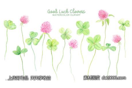 幸运水彩花卉剪贴画 Watercolor Clipart Good Luck Clovers-源文件-素材国度dc10000.com