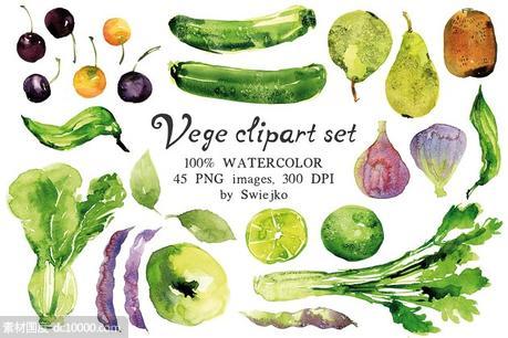 45款蔬果水彩剪切画素材 Watercolor Veggies and Fruits - 源文件