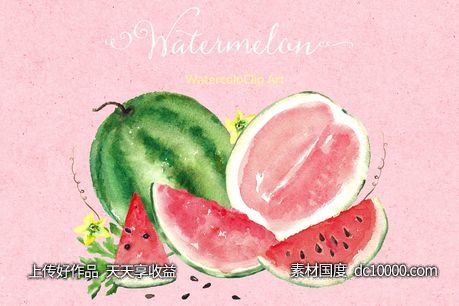 西瓜水彩剪贴画素材 Watermelon watercolor clipart-源文件-素材国度dc10000.com