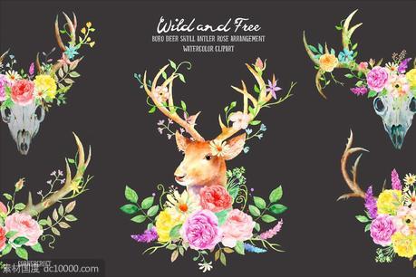鹿与玫瑰水彩剪贴画 Watercolor Deer and Rose - 源文件