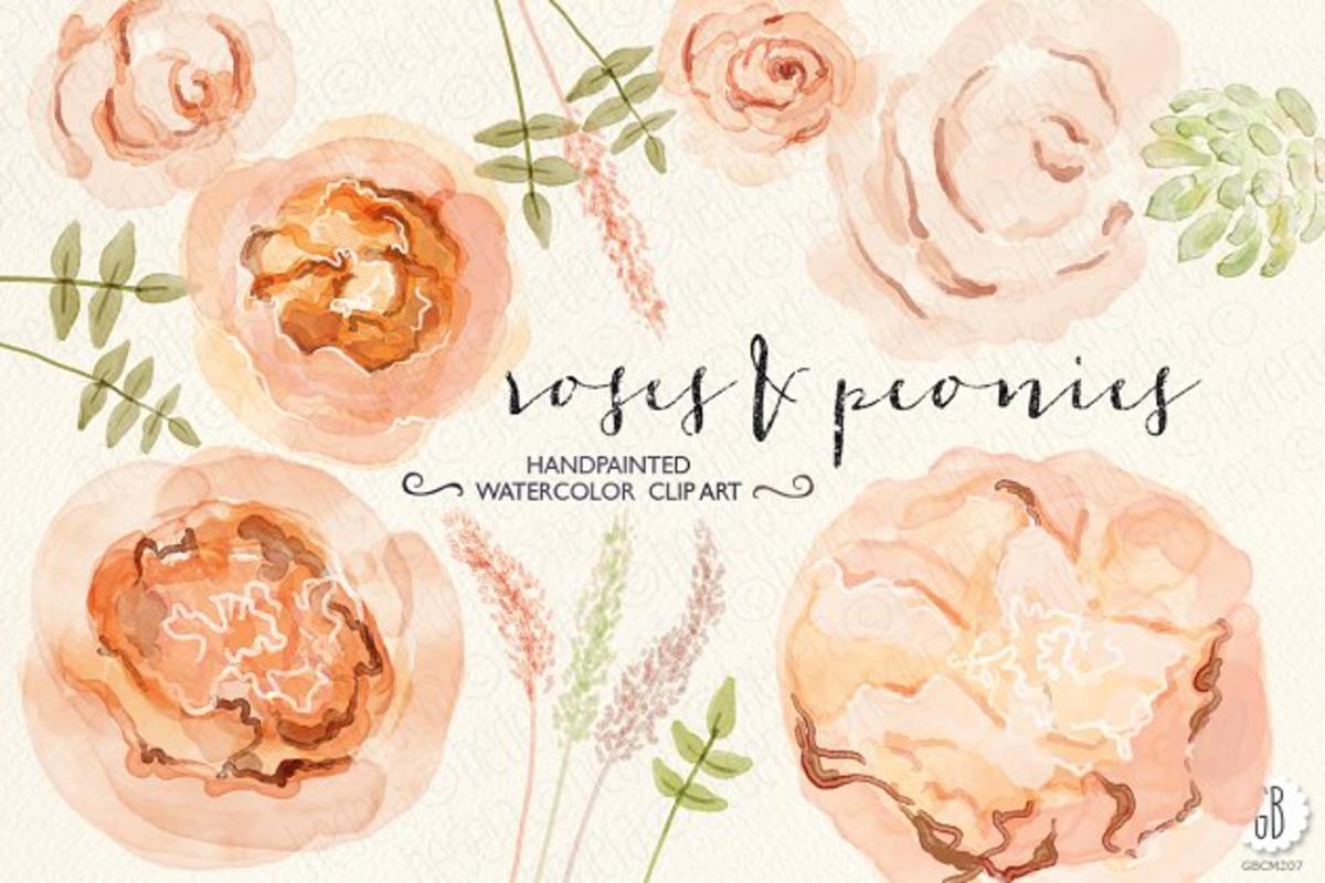 牡丹朱丽叶玫瑰水彩画设计素材 Watercolor peonies juliet roses