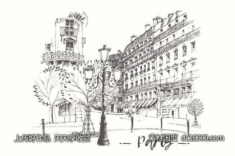 法国巴黎街景素描图形 Streets of Paris France-源文件-素材国度dc10000.com