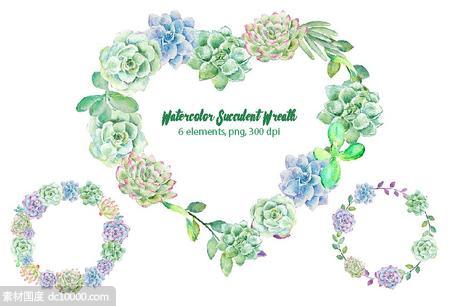 绚烂多彩花环水彩剪切画 Watercolor Succulent Wreaths - 源文件