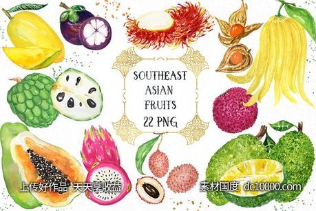 亚洲热带水果水彩剪切画 Tropical Asian fruits watercolor-源文件-素材国度dc10000.com