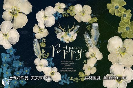 水彩阿尔卑斯罂粟花卉花环 Watercolor wreath alpine poppy dark - 源文件