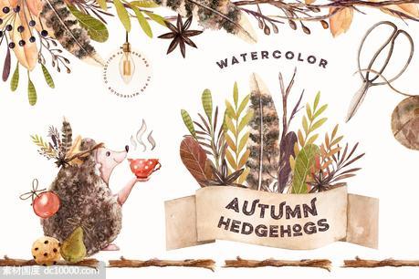 刺猬与秋天水彩素材集 Watercolor Autumn Hedgehogs - 源文件