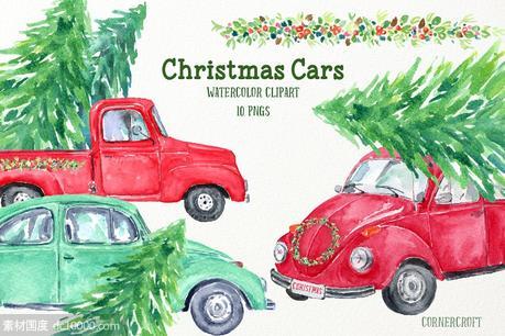 圣诞节主题汽车水彩剪切画 Watercolour Christmas Cars - 源文件