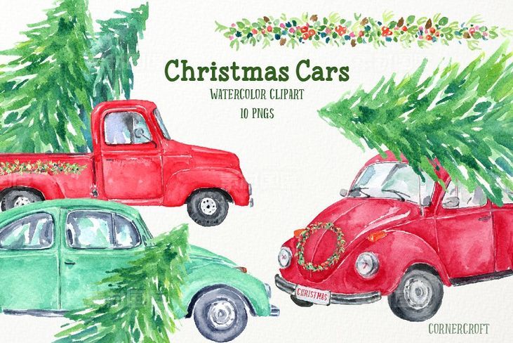 圣诞节主题汽车水彩剪切画 Watercolour Christmas Cars