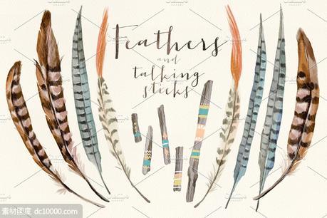 羽毛木棍水彩剪贴画 Watercolor feathers talking sticks - 源文件