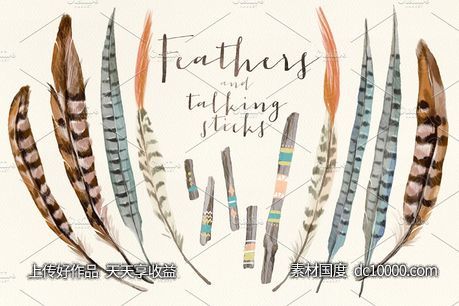 羽毛木棍水彩剪贴画 Watercolor feathers talking sticks - 源文件