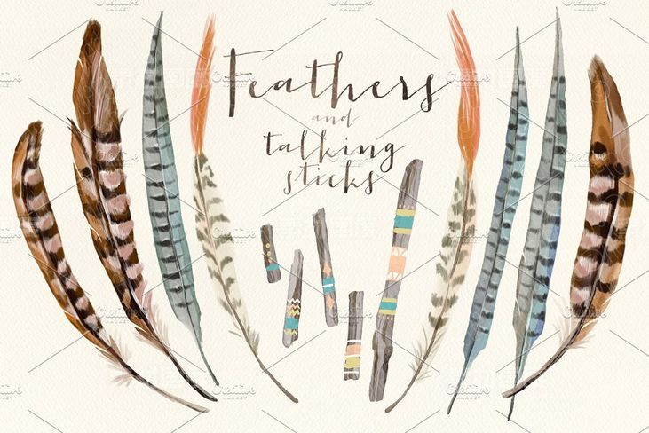 羽毛木棍水彩剪贴画 Watercolor feathers talking sticks