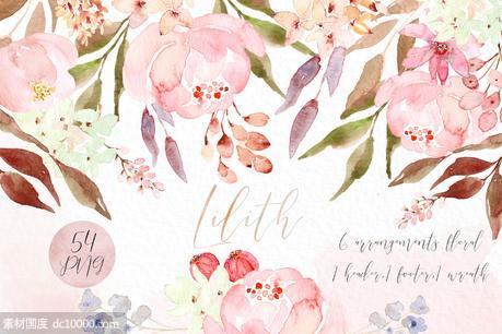 粉色水彩花卉剪贴画 Lilith Pink watercolour flowers - 源文件