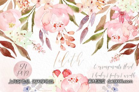 粉色水彩花卉剪贴画 Lilith Pink watercolour flowers - 源文件