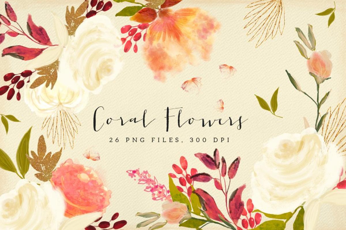 珊瑚花水彩剪贴画 Coral Flowers