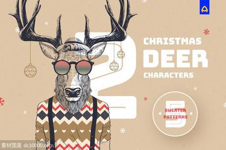 80年代穿复古毛衣的鹿5种不同的圣诞节模式 - 源文件