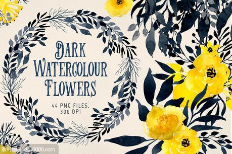 深色水彩花卉元素插画素材 Dark Watercolor Flowers - 源文件
