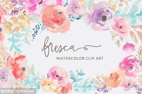 水彩花卉剪贴画 Fresca- Watercolor Flower Clip Art - 源文件